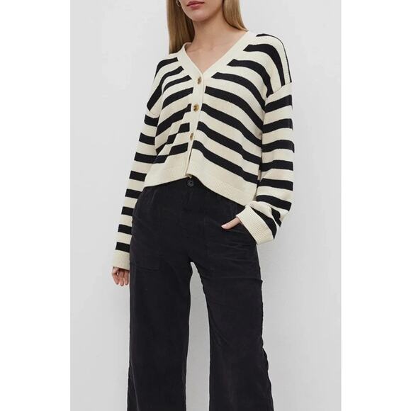 VELVET GRAHAM SPENCER WMNS LARGE ELODIE STRIPE CARDIGAN SWEATER BLACK CREAM NEW - Picture 1 of 14